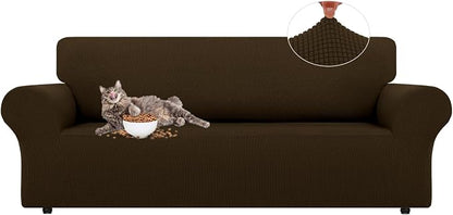 LURKA Stretch Couch Cover for Sofa, 1 Piece 3 Cushion Slipcover, Brown | Soft Stretch Jacquard, Fits 78"-94" Sofas, Elastic Bottom for Secure Fit, Machine Washable, Pet & Kid Friendly