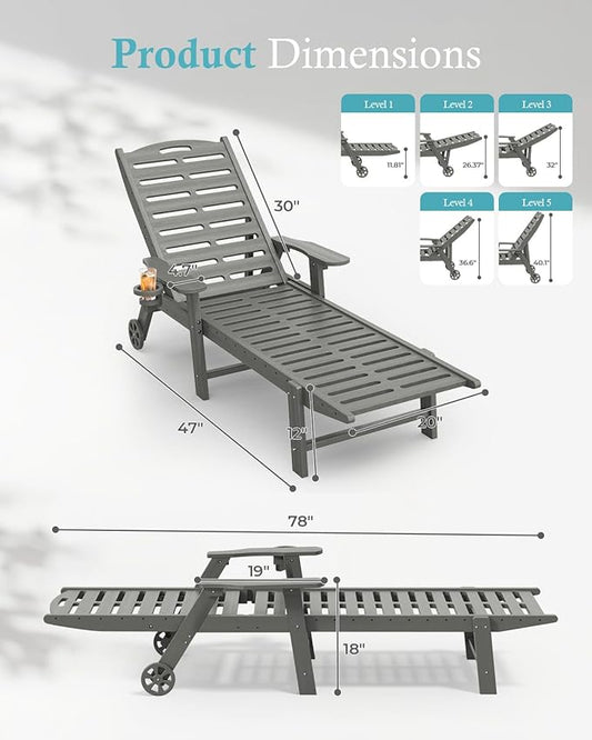 Lounge Chair Outdoor with Wheels & Cup Holder, 5-Position Adjustable Heavy Duty Patio Lounge Chair, HDPE Outdoor Chaise Lounge, 350 lbs Capacity, All Weather for Poolside, Deck, Backyard (Grey)