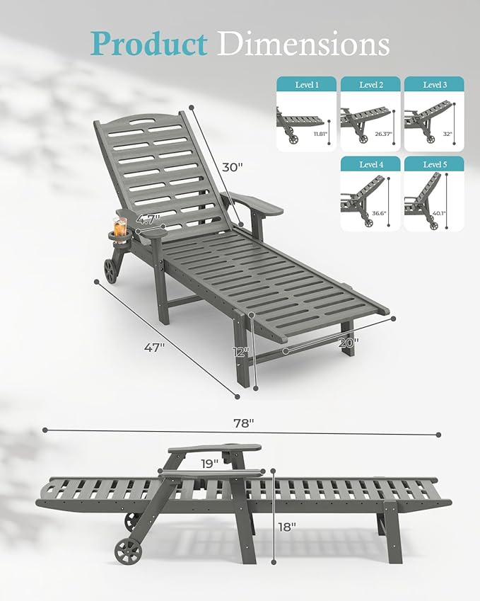 Ciokea Heavy Duty HDPE Chaise Lounge Chairs Outdoor Set of 4, 5-Position Adjustable Patio Sun Loungers with Wheels & Cup Holder, Outdoor Furniture Set for Poolside, Deck, Backyard, Grey