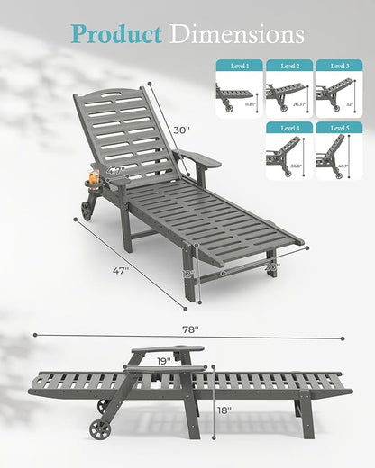 Ciokea Heavy Duty HDPE Chaise Lounge Chairs Outdoor Set of 4, 5-Position Adjustable Patio Sun Loungers with Wheels & Cup Holder, Outdoor Furniture Set for Poolside, Deck, Backyard, Grey