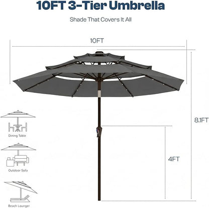 10ft 3-Tier Patio Umbrella with 32 Solar Powered LED Lights, Windproof Outdoor Market Umbrella for Deck, Poolside & Garden, Sturdy Push-Button Tilt Table Umbrella, Gray