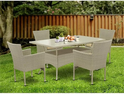 East West Furniture OSBK5-03A 5 Piece Wicker Patio Furniture Set Includes a Rectangle Outdoor Table with Glass Top and 4 Balcony Backyard Armchair with Cushion, 36x60 Inch, Natural Linen