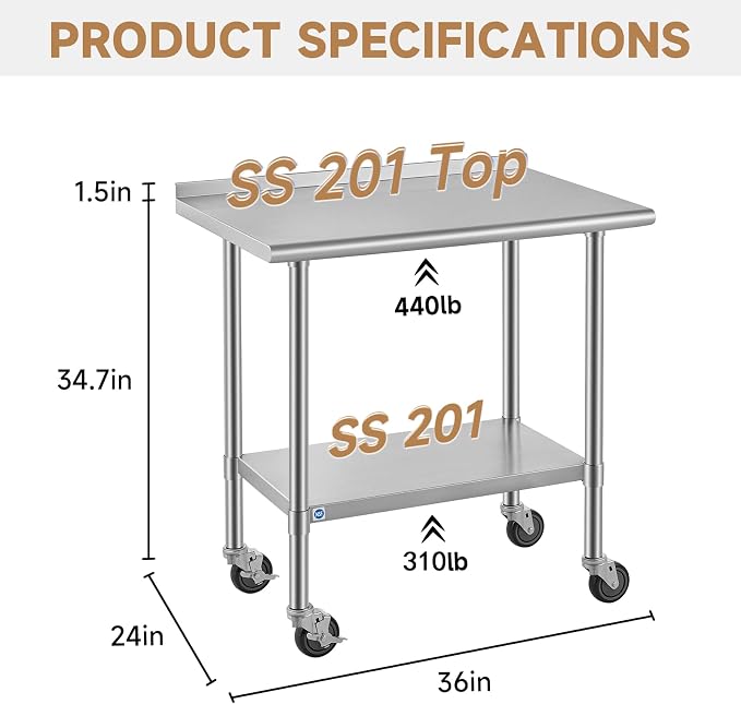 ROCKPOINT All Stainless Steel Prep Table with Caster & Backsplash 24x36 Inch，Commercial Heavy Duty Workbench with Stainless Legs & Adjustable Undershelf,750 lb Capacity for Outdoor Kitchens with Wheel