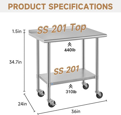 ROCKPOINT All Stainless Steel Prep Table with Caster & Backsplash 24x36 Inch，Commercial Heavy Duty Workbench with Stainless Legs & Adjustable Undershelf,750 lb Capacity for Outdoor Kitchens with Wheel