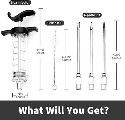 Turkey Meat Injector Syringe Kit with 3 Marinade Needles for BBQ Grill Smoker, 1 Cleaning Brush, 1 Oz/30 ml Large Capacity Injector Marinades for Meats Black