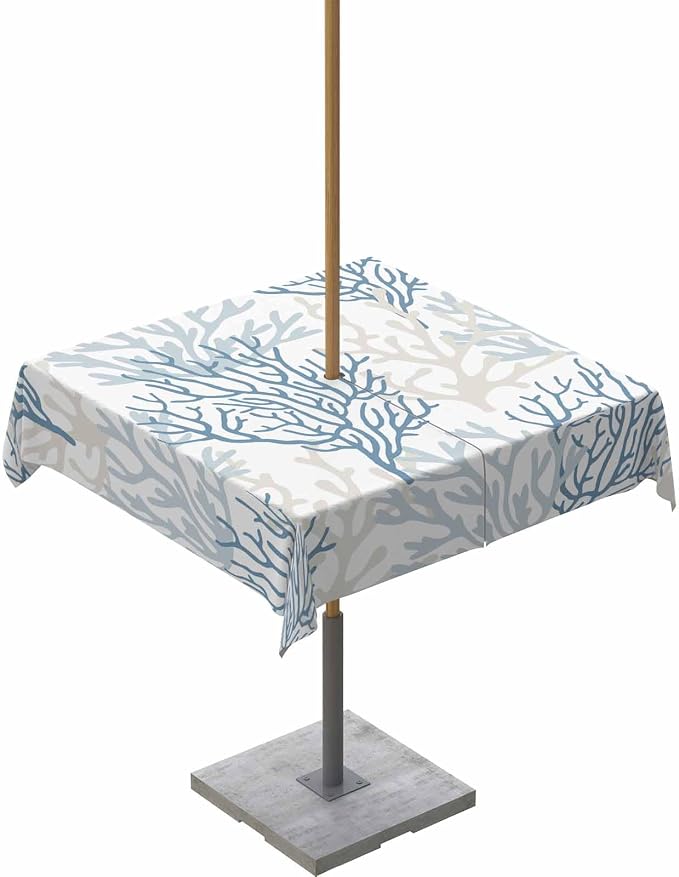Blue Grey Coral Coastal Outdoor Tablecloth - 60x60 Inch Square Waterproof Dining Table Cover, Summer Beach Seaside Nautical Outdoor Table Cloth with Umbrella Hole & Zipper for Picnic/Patio
