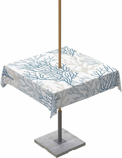 Blue Grey Coral Coastal Outdoor Tablecloth - 54x54 Inch Square Waterproof Dining Table Cover, Summer Beach Seaside Nautical Outdoor Table Cloth with Umbrella Hole & Zipper for Picnic/Patio