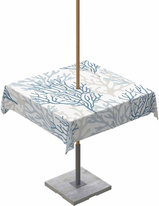 Blue Grey Coral Coastal Outdoor Tablecloth - 54x54 Inch Square Waterproof Dining Table Cover, Summer Beach Seaside Nautical Outdoor Table Cloth with Umbrella Hole & Zipper for Picnic/Patio