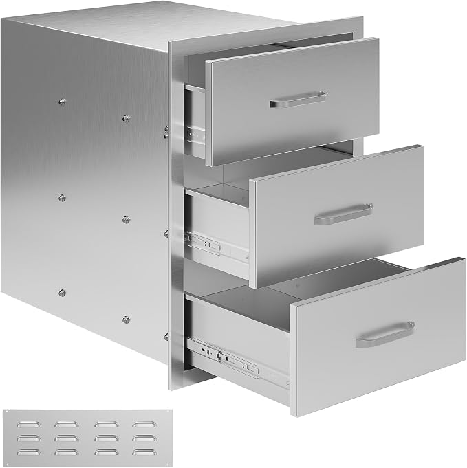 Jocisland 18-Inch Stainless Steel Outdoor Kitchen Drawer Cabinet | 18 W x 23 D x 23 H In, 3-Tier Drawers with Handles and Pull-Out Trays, Built-In BBQ Island Storage