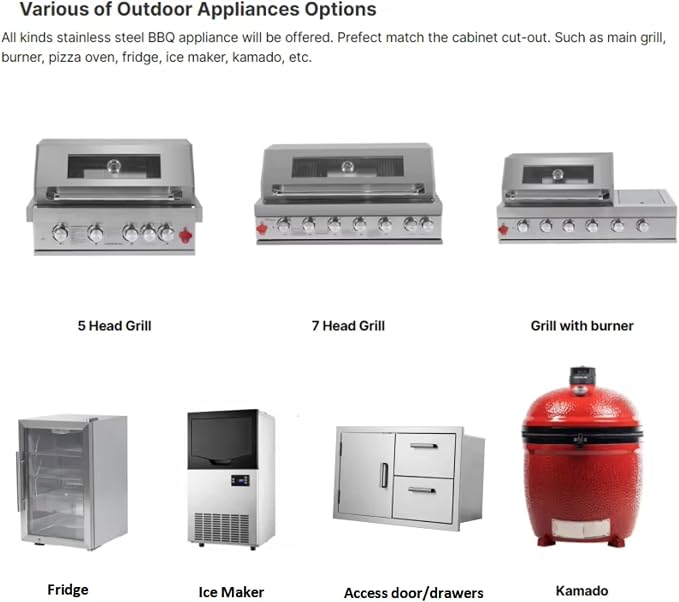 Outdoor Kitchen Set for Catering & Hospitality, Fully Equipped with BBQ Grill, Fridge, Side Burner, Sink, Locking Drawers, Large Prep Space– Prefab Modular Kit for Backyard, Balcony, Rooftop