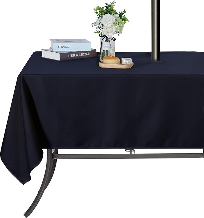 SARAFLORA Outdoor and Indoor Tablecloth -60x84 inch Navy, Wrinkle Free Washable Waterproof Table Cloth with Umbrella Hole and Zipper Rectangle Table Cover for Spring/Summer/Patio/Picnic/BBQS/Party
