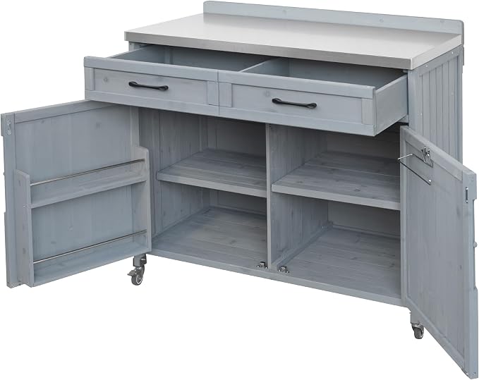 JIVOIT 39.4" Outdoor Kitchen Island with Stainless Table Top, Solid Fir Wood Storage Kitchen Cabinet with Drawer, Adjustable Shelves, Internal Storage Racks & 4 Wheels, Two Doors (Grey Blue/9)