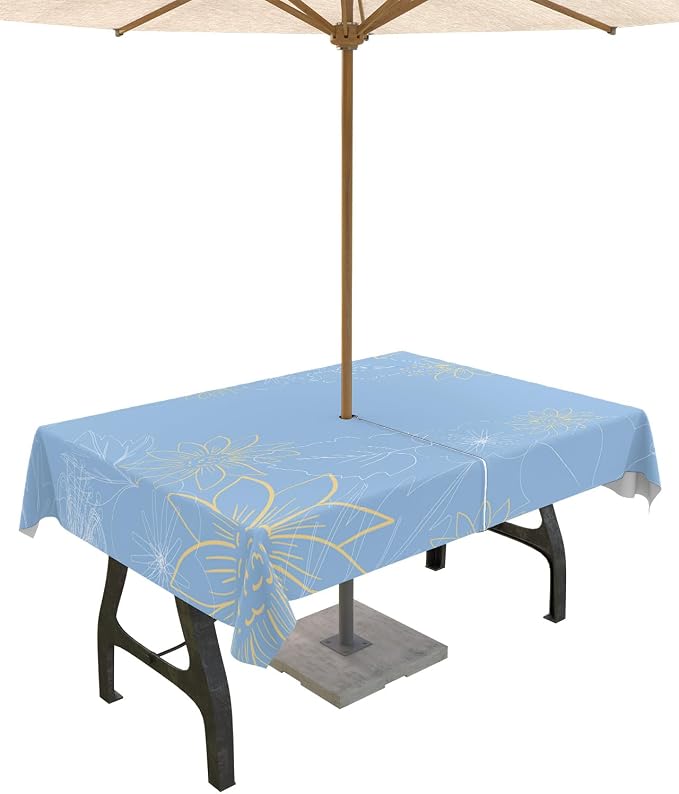 QueenKer Outdoor Tablecloth with Umbrella Hole, Minimalist Lines Leaves Flowers Blue Rectangle Tables Waterproof Tabletop Collection for Patio, Garden, Picnic, Camping, Dining 52 x 70 inch