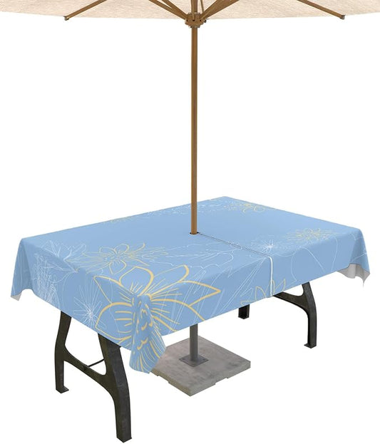 QueenKer Outdoor Tablecloth with Umbrella Hole, Minimalist Lines Leaves Flowers Blue Rectangle Tables Waterproof Tabletop Collection for Patio, Garden, Picnic, Camping, Dining 52 x 70 inch