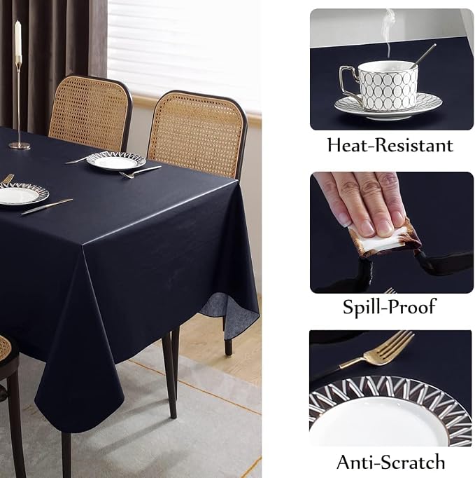 SASTYBALE Navy Blue Vinyl Tablecloth with Flannel Backing, 52 x 70 Inch | Waterproof PVC Surface, Wipeable Rectangular Table Cover for Kitchen, Dining, Patio, BBQ, Picnic and Party Use