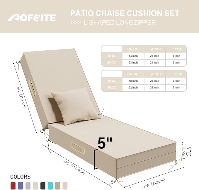 Outdoor Water-Resistant Olefin Chaise Lounge Cushions with Pillow, Weather and Fade Resistant Patio Furniture Lounge Chair Cushion Ideal for Patio, Lawn, Garden, Gray Apricot, 72"L x 21"W x5"T