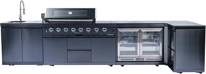 157-Inch 6-Burner Propane Gas Outdoor Grill Island, 96000 BTU 304 SS BBQ with 140L Wine Cooler, Rotisserie, Granite Countertops for Patio Backyard BBQ, Black