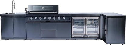 157-Inch 6-Burner Propane Gas Outdoor Grill Island, 96000 BTU 304 SS BBQ with 140L Wine Cooler, Rotisserie, Granite Countertops for Patio Backyard BBQ, Black