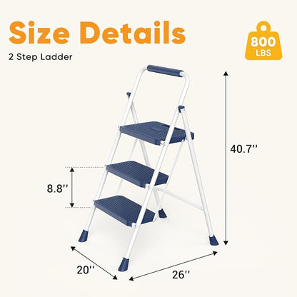 NEWBULIG 3 Step Ladder, Folding Step Stool for Adults with Safety Lock | Anti-Slip Design, Portable Foldable Ladder for Home Kitchen, Garage & Outdoor Use, Blue