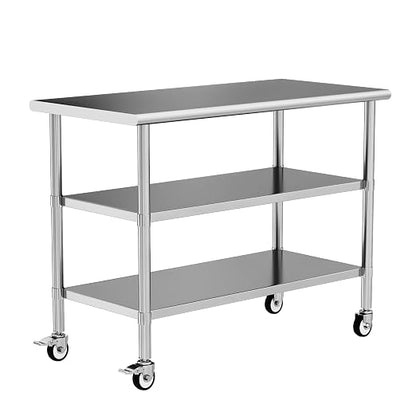 Stainless Steel Work Table with Wheels, 24x60 Inch NSF Kitchen Prep Table with 2 Adjustable Undershelves for Commercial Restaurant, Garage, Outdoor BBQ