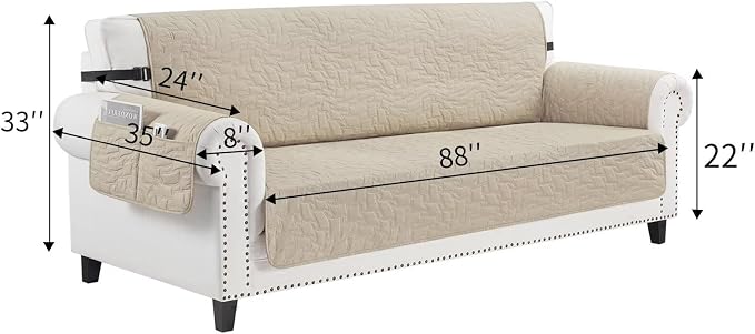 CUCRAF Non Slip Quilted Sofa Cover, Water Resistant Slipcover Furniture Protector for 4 Cushion Sofa Pet Friendly, Washable Couch Cover with Adjustable Elastic Straps (XX-Large, Light Gray)
