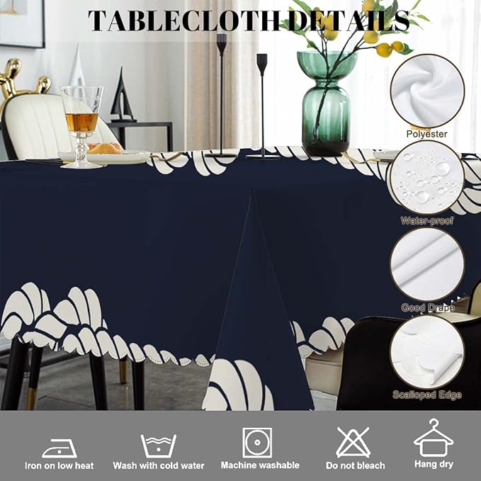 Swono Nautical Rope Table Covers 52x70 Inch Marine Rope White Loop Knots Wipeable Tablecloth Kitchen Dinning Tabletop Decoration, Navy Blue Table Cloth for Outdoor and Indoor Use