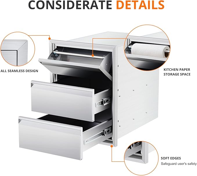 Outdoor Kitchen Access Drawers with Paper Towel Holder,16" W x 21" H x 23"D Stainless Steel Flush Mount BBQ Drawers with Grooved Handle,for Outdoor Kitchen Island or Patio Grill Station,3-Layer