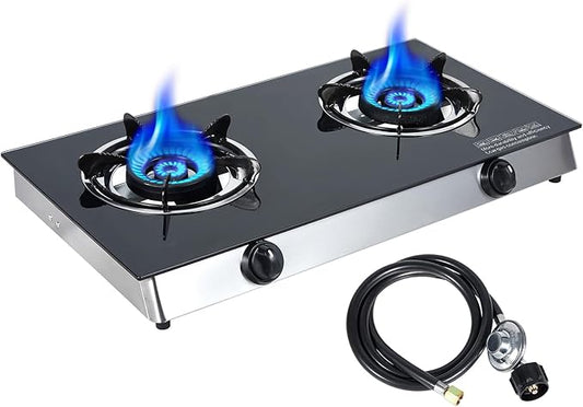 BESTFIRE 2-Burner Propane Gas Cooktop, 30,000 BTU Portable Tempered Glass Stove with Auto-Ignition, CSA Certified Regulator & Hose, Double Burner Stove for Camping, RV & Patio