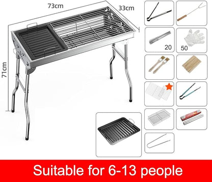 Large Charcoal Grill with Rack, Portable BBQ Grill for Outdoor Picnic, Patio and Backyard Barbecue,Suitable for 5-15 People (Set b 73 * 33 * 71cm)