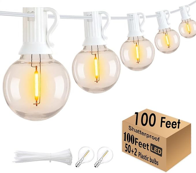 White Outdoor String Lights 100FT Patio Lights with 52 G40 Edison Bulbs | 2200K Warm White,10ft lead wire,White String Lights Waterproof Outside for Wedding,Proposal,Party,Anniversary