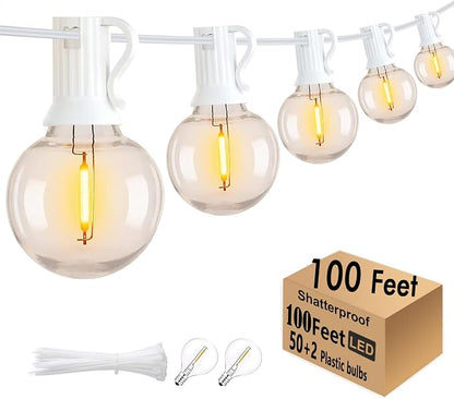 White Outdoor String Lights 100FT Patio Lights with 52 G40 Edison Bulbs | 2200K Warm White,10ft lead wire,White String Lights Waterproof Outside for Wedding,Proposal,Party,Anniversary