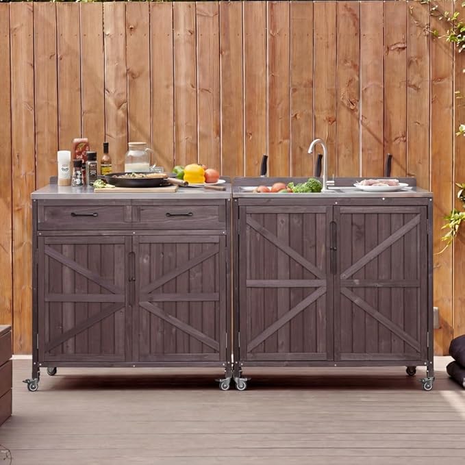 Outdoor Kitchen Island Set, 2 Piece Modular Solid Wood Set, 304 Sink Stainless Steel Station with Faucet, Drawer, 2 Door Shelves, Outdoor Storage Cabinet with Wheels for Backyard, Patio, Dark Brown