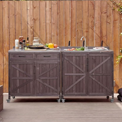 Outdoor Kitchen Island Set, 2 Piece Modular Solid Wood Set, 304 Sink Stainless Steel Station with Faucet, Drawer, 2 Door Shelves, Outdoor Storage Cabinet with Wheels for Backyard, Patio, Dark Brown
