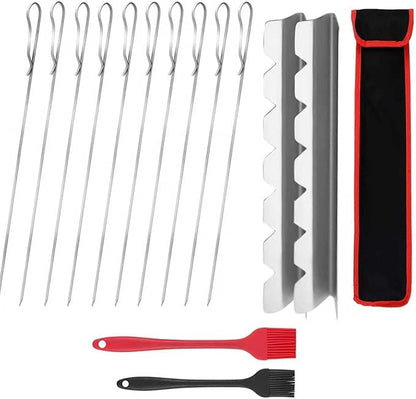 Fengzhe Kabob Skewers Stainless Steel 17-Inch BBQ Skewers with 2 Heavy-Duty Skewer Racks, Set of 10 Flat Metal Sticks & 2 Brushes, Reusable for Meat, Chicken, Vegetables, with Storage Bag