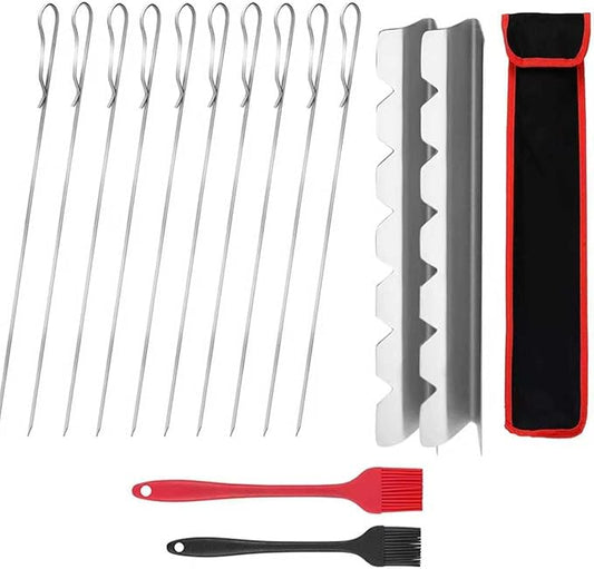 Fengzhe Kabob Skewers Stainless Steel 17-Inch BBQ Skewers with 2 Heavy-Duty Skewer Racks, Set of 10 Flat Metal Sticks & 2 Brushes, Reusable for Meat, Chicken, Vegetables, with Storage Bag