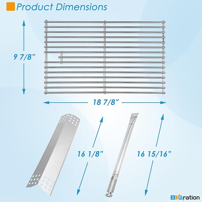 Replacement Kit for Kitchen Aid 720-0745B 740-0780 860-0012 720-0745 720-0745A, 7MM Solid Stainless Steel Cooking Grates, Burners and Heat Plates for Kitchenaid Grill Replacement Parts
