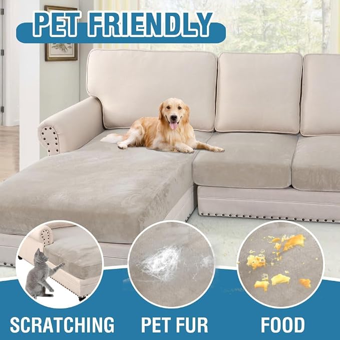 H.VERSAILTEX Velvet Stretch Sectional Couch Covers 4 Pieces Sofa Seat Cushion Covers L Shape Separate Cushion Couch Chaise Cover for Both Left/Right Couch (Large Sofa 3 Seater + 1 Chaise, Oatmeal)