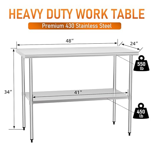 Stainless Steel Table for Food Prep & Work 24 x 48 inches Utility Table with Adjustable Undershelf, Commercial Workstation in Kitchen, Garage, Outdoor BBQ