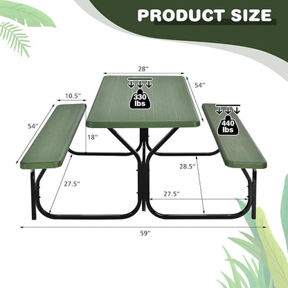 Picnic Table, Outdoor Dining Table with 2 Benches, Wood Grain Tabletop, Heavy Duty Metal Frame, Portable Picnic Table for Outdoors Backyard Garden Lawn Patio Poolside Deck (Green)
