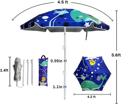 LOTTAFUN Kid 5ft Beach Umbrella Diameter 0.99-1.2 Inches Pole UV 50+ Portable Sun Shade with Sand Anchor & Carry Bag, Outdoor Folding Umbrella for Beach,Pool,Patio,Garden (Dophin)NO Tilt The sand needs to be over 5inches above the bottom