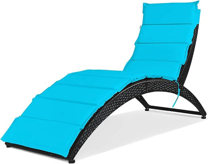 Tangkula Foldable Patio Lounge Chair, Outdoor Rattan Lounger Chaise, Portable Patio Chaise with Cushion, All-Weather Wicker Furniture for Garden Lawn Balcony Backyard Poolside (1, Turquoise)