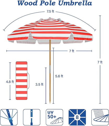 AMMSUN 7.5ft Heavy Duty HIGH Wind Beach Umbrella Commercial Grade Patio Beach Umbrella with Air Vent Ash Wood Pole & Carry Bag UPF50+ Protection Red White