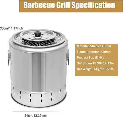 Portable Smokeless Barbecue Charcoal Barrel Grill, Stainless Steel Surround Charcoal Kebab Grill with 20 Skewers, 2-In-1 BBQ Grills for Outdoor Indoor Camping Picnics Gardens Parties