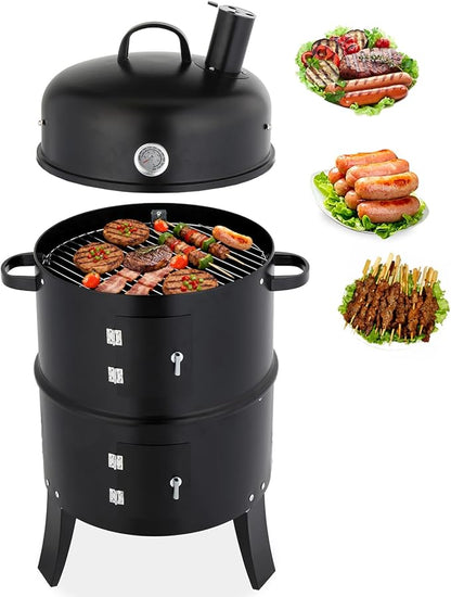 21" Portable Charcoal Grill Barbecue Grills with Thermometer, Layer Iron Round BBQ Grill for Garden Party Picnic Hiking Travel Backyard Cooking, Easy to Assemble, Asadores de Carbon (Black)