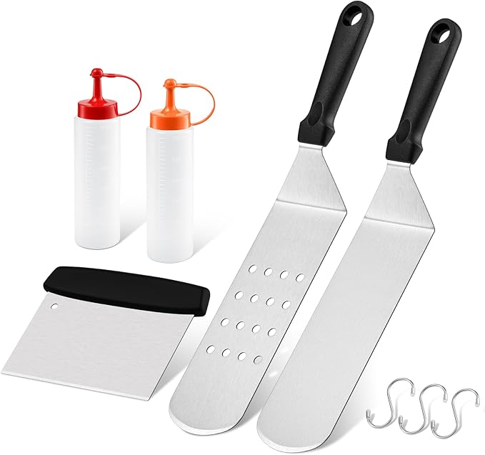 5Pcs Griddle Accessories Kit, Leonyo Stainless Steel Flat Top Griddle Accessories Set of 5, Outdoor Metal Spatulas Tool Set for Flat Top Hibachi Teppanyaki Kitchen Cooking, Dishwasher Safe