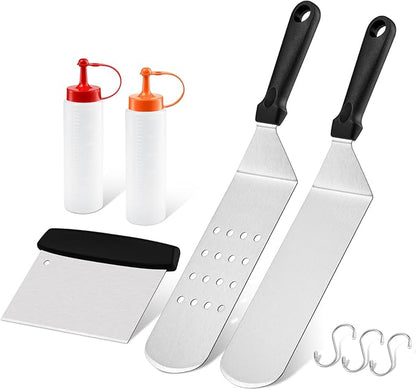5Pcs Griddle Accessories Kit, Leonyo Stainless Steel Flat Top Griddle Accessories Set of 5, Outdoor Metal Spatulas Tool Set for Flat Top Hibachi Teppanyaki Kitchen Cooking, Dishwasher Safe