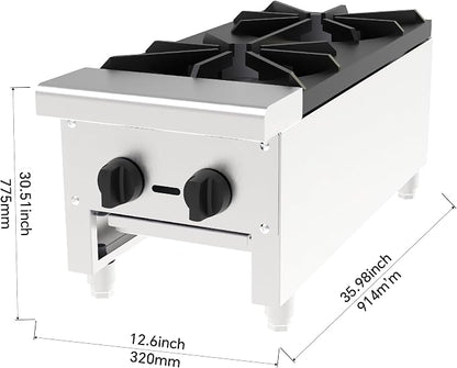 Commercial 2 Burner Countertop Stove Range, NG/LP Convertible, Stainless Steel Hot Plate with Cast Iron Grates, 56,000 BTU Professional Restaurant Foodservice Cooking Equipment Cooker