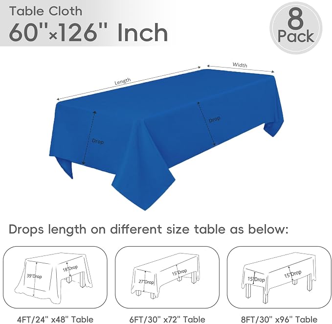 8 Pack Royal Blue Tablecloth 60 x 126 Inch Rectangle For 8 Foot Tables | Wrinkle Resistant, Washable Polyester Fabric, Rectangular Table Cloth for Wedding Party Banquet Buffet and Camping