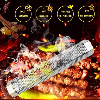 Smoke Tube for Pellet Smoker 12" - 5 Hours of Billowing Smoke - Hot/Cold Smoking - for Any Grill & Smoker - Premium Stainless Steel BBQ Smoking Tube, Includes Bonus Cleaning, Basting Brush & S-Hook
