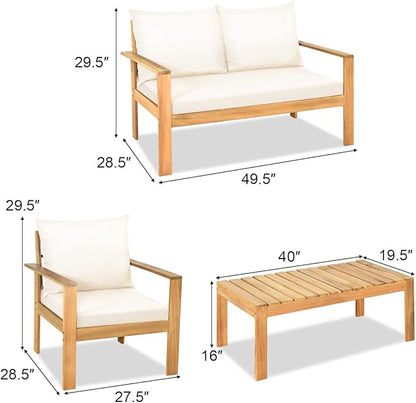 Tangkula Outdoor 8-Piece Acacia Wood Chat Set, 8 Seater Acacia Wood Conversation Sofa and Table Set with Water Resistant Cushions, Teak Finished (2, White)